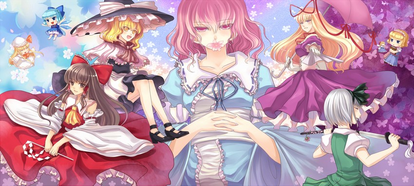 hakurei reimu, kirisame marisa, konpaku youmu, alice margatroid, cirno, and 3 more (touhou) drawn by aprilred