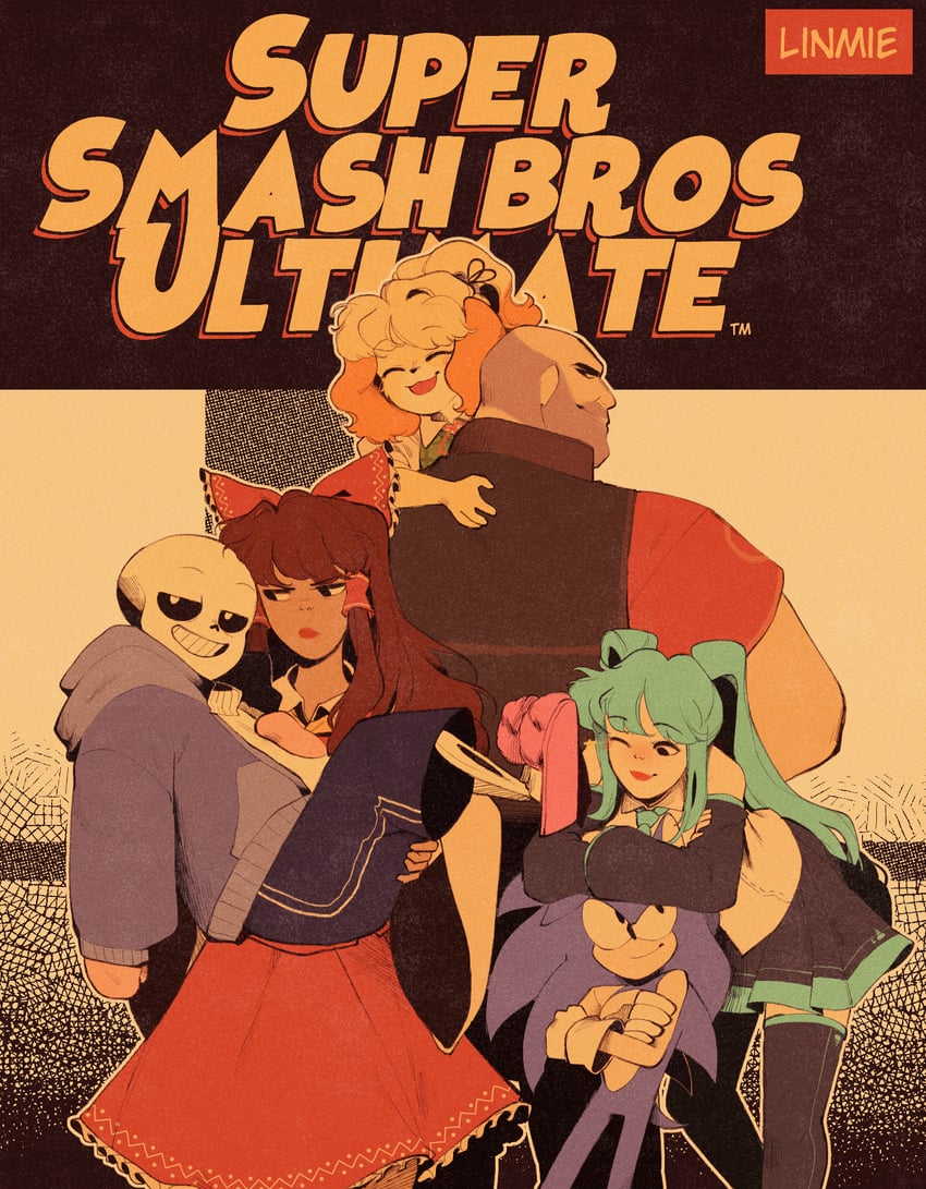 hatsune miku, hakurei reimu, sonic the hedgehog, sans, isabelle, and 2 more (touhou and 6 more) drawn by pixie_(milkywaypixies)
