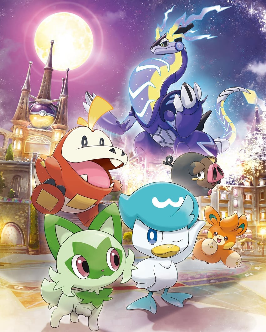 sprigatito, fuecoco, quaxly, miraidon, pawmi, and 1 more (pokemon and 1 more) drawn by saitou_kouki