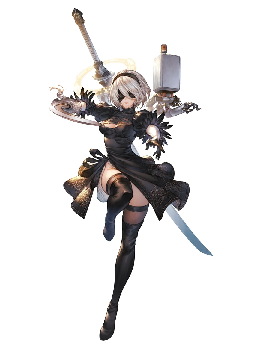 2b and pod (granblue fantasy and 3 more) drawn by minaba_hideo