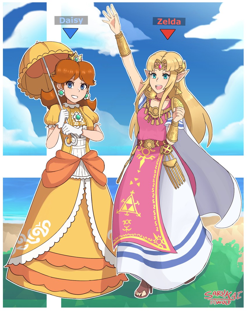 princess zelda and princess daisy (the legend of zelda and 3 more) drawn by sarukaiwolf