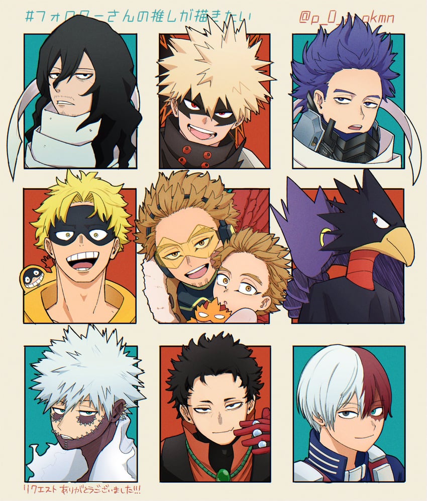 bakugou katsuki, todoroki shoto, endeavor, hawks, aizawa shota, and 6 more (boku no hero academia) drawn by p_0_a