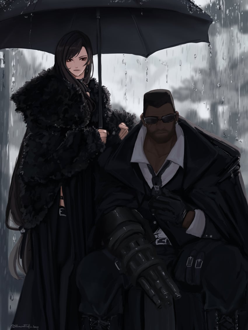 tifa lockhart and barret wallace (final fantasy and 1 more) drawn by almondtofu_boy