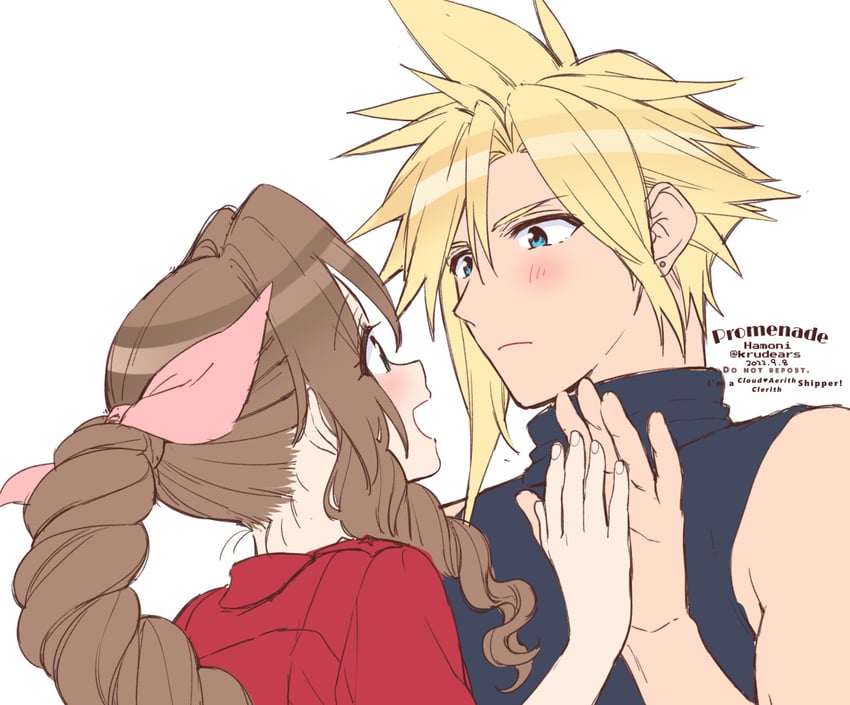 cloud strife and aerith gainsborough (final fantasy and 2 more) drawn by krudears