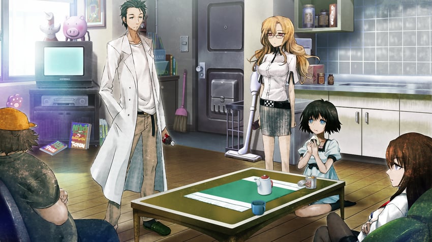 makise kurisu, okabe rintarou, shiina mayuri, kiryuu moeka, and hashida itaru (steins;gate) drawn by huke