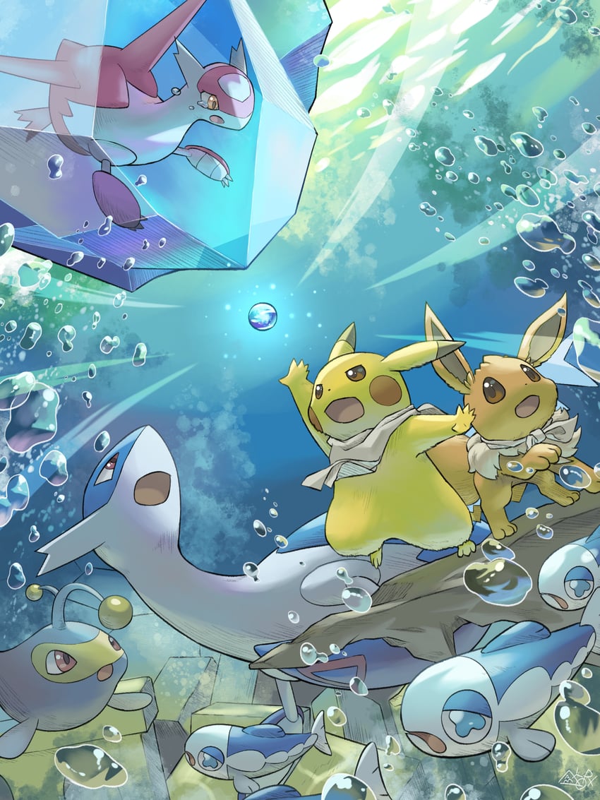 pikachu, eevee, latias, latios, wishiwashi, and 1 more (pokemon and 1 more) drawn by yamaori_(hakkentai_pokedan)