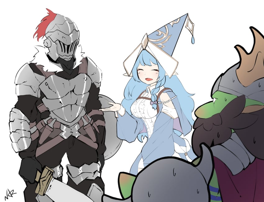 goblin slayer, water enchantress of the temple, and blackbeard the plunder patroll captain (yu-gi-oh! and 1 more) drawn by mandarok1149