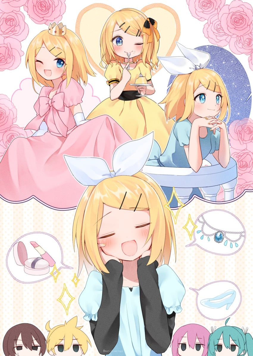 hatsune miku, kagamine rin, kagamine len, megurine luka, and meiko (vocaloid and 1 more) drawn by mani_(manidrawings)