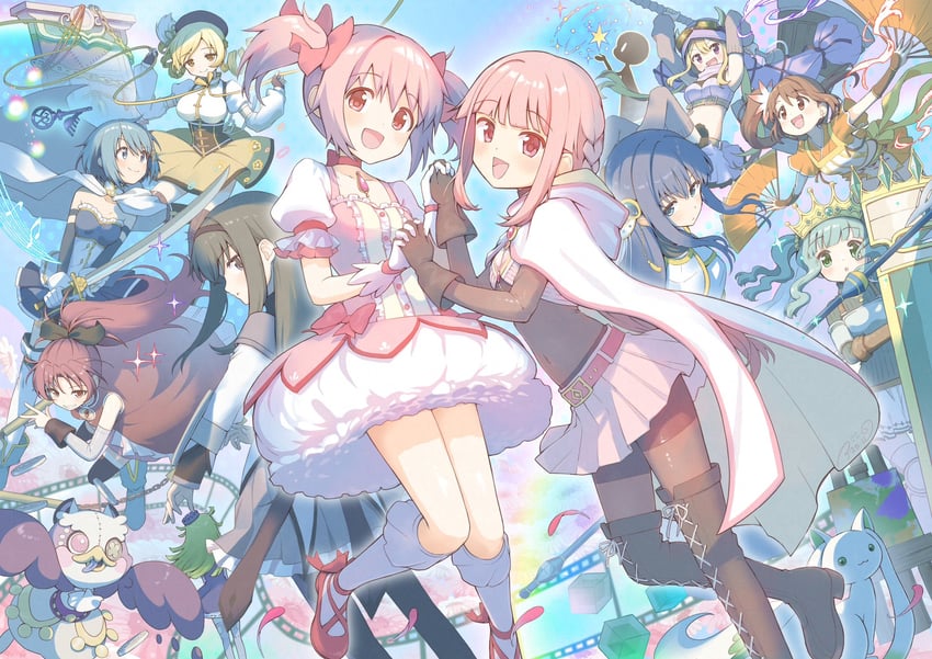 akemi homura, kaname madoka, miki sayaka, sakura kyoko, tomoe mami, and 9 more (mahou shoujo madoka magica and 2 more) drawn by asukaru_(magika_ru)