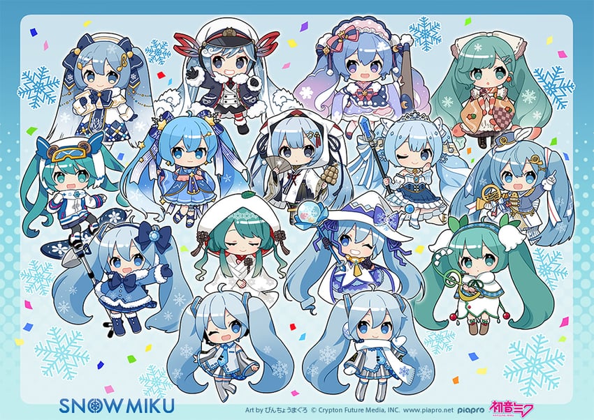 hatsune miku, yuki miku, yuki miku, yuki miku, yuki miku, and 12 more (vocaloid and 2 more) drawn by binchou_maguro