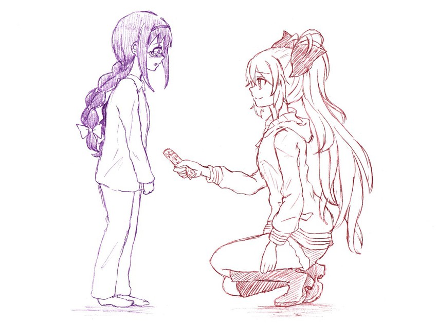 akemi homura and sakura kyoko (mahou shoujo madoka magica) drawn by wosusi