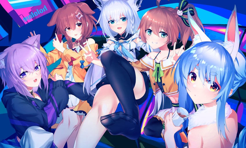 shirakami fubuki, usada pekora, nekomata okayu, inugami korone, and natsuiro matsuri (hololive) drawn by eihabu_(neko_playgame)