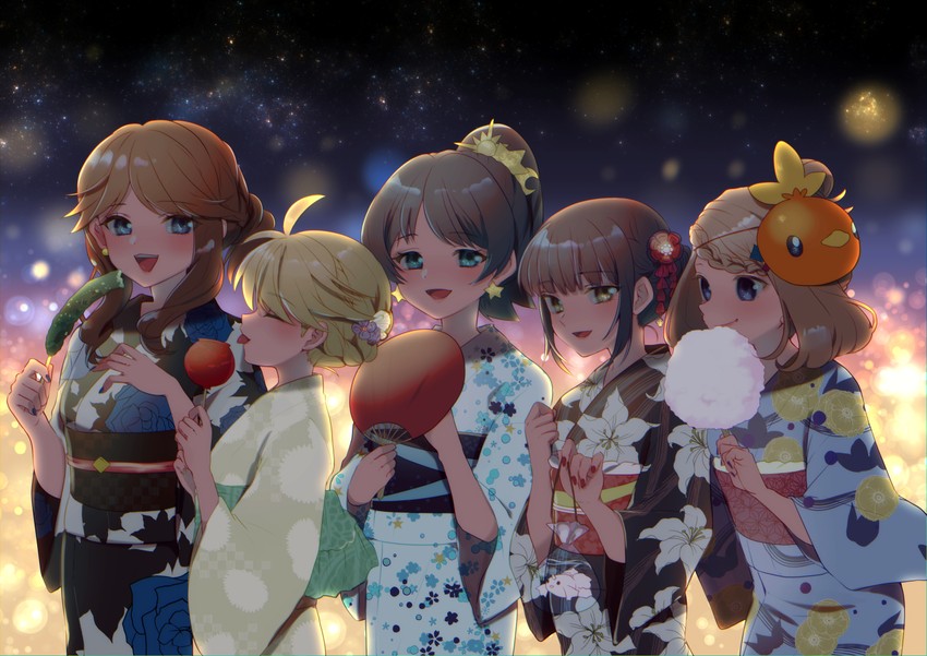 dawn, may, kris, torchic, green, and 1 more (pokemon and 1 more) drawn by mokorei