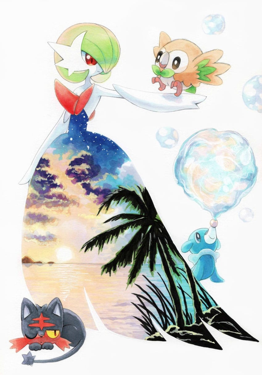 gardevoir, rowlet, mega gardevoir, popplio, and litten (pokemon) drawn by yuka_(yukaaaaaaa0705)