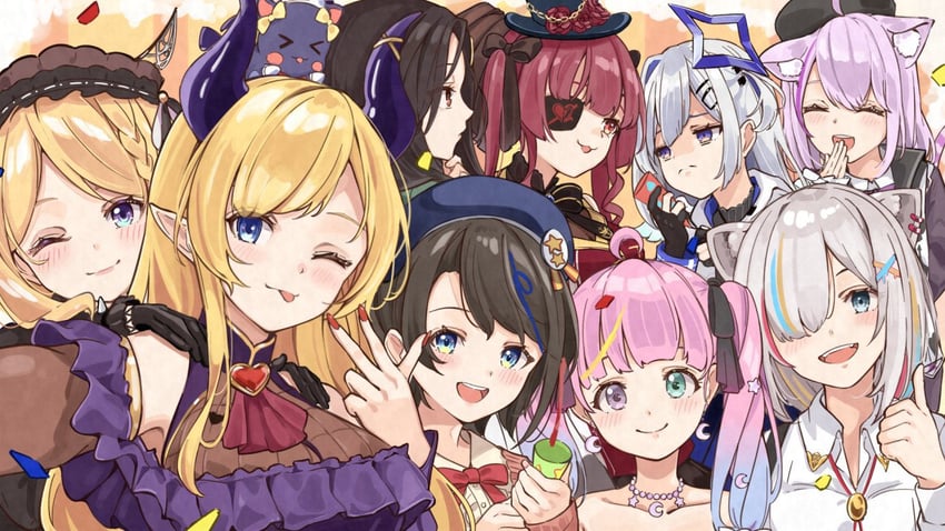 houshou marine, nekomata okayu, oozora subaru, amane kanata, shishiro botan, and 4 more (hololive and 1 more) drawn by anbasa_(amaneyuz13)