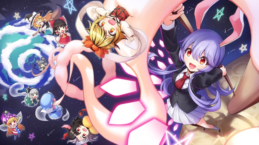 hakurei reimu, kirisame marisa, konpaku youmu, reisen udongein inaba, saigyouji yuyuko, and 4 more (touhou) drawn by naru_din