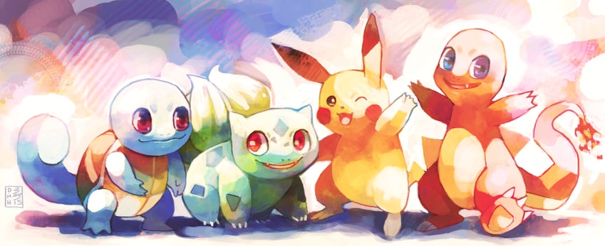 pikachu, bulbasaur, squirtle, and charmander (pokemon) drawn by lady_kuki