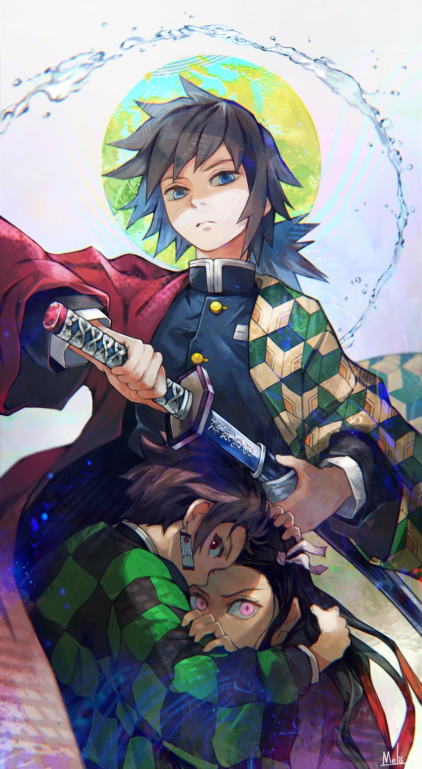 kamado nezuko, kamado tanjirou, and tomioka giyuu (kimetsu no yaiba) drawn by kyuuba_melo