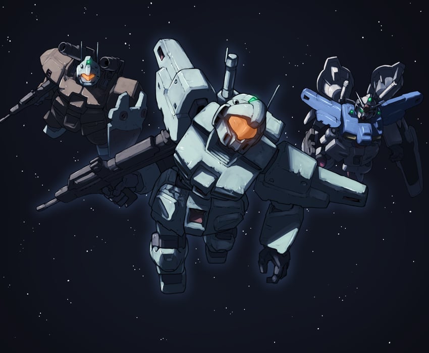 gm, gundam gp-01 zephyranthes, gm custom, and gm cannon ii (gundam and 1 more) drawn by tessaku_ro