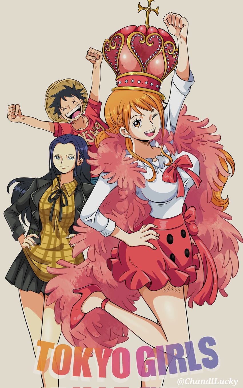 nami, monkey d. luffy, and nico robin (one piece) drawn by chandllucky