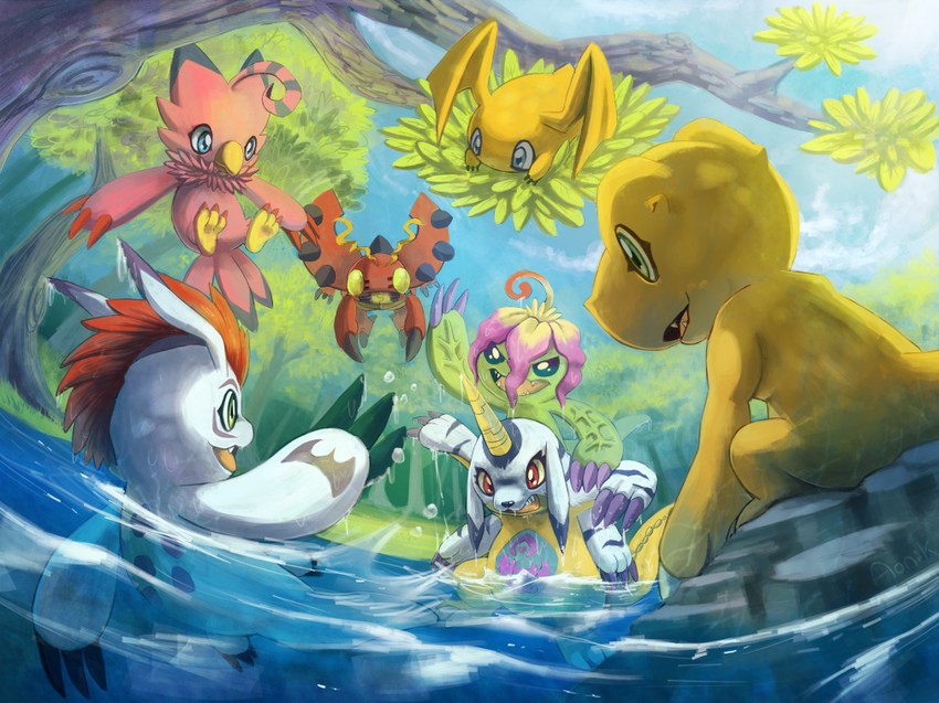 agumon, patamon, gabumon, palmon, gomamon, and 2 more (digimon and 1 more) drawn by aonik