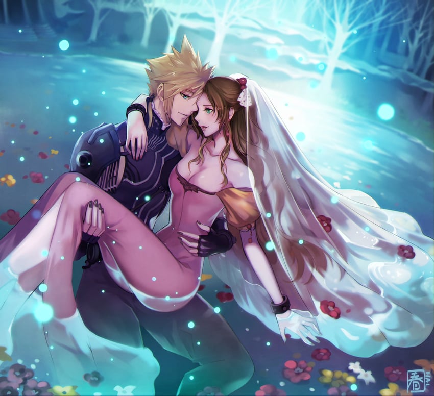 cloud strife and aerith gainsborough (final fantasy and 2 more) drawn by halu-ca