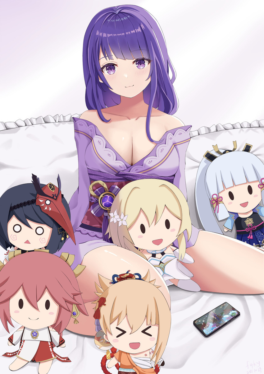 lumine, raiden shogun, yae miko, kamisato ayaka, yoimiya, and 1 more (genshin impact) drawn by zhushameiliu