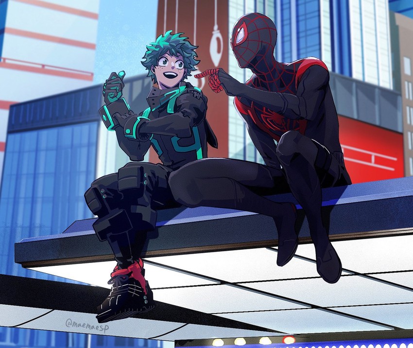 midoriya izuku, miles morales, and spider-man (boku no hero academia and 2 more) drawn by maemaesp