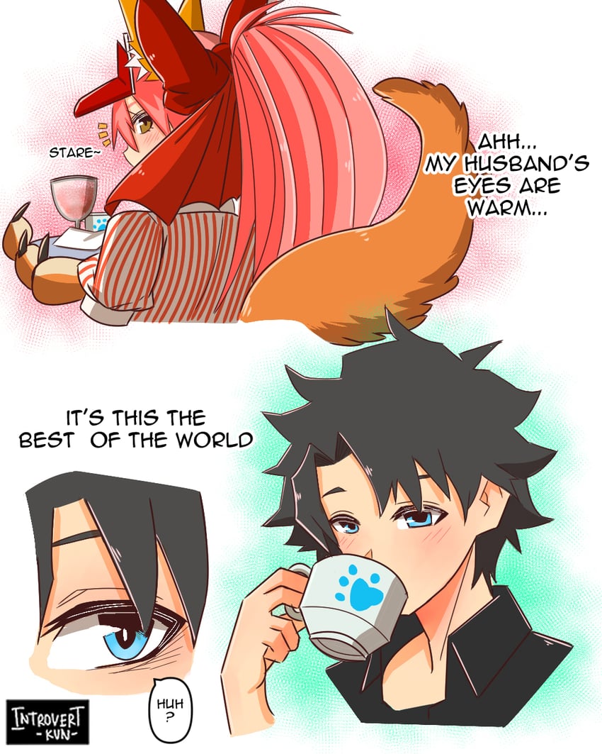 fujimaru ritsuka, tamamo, and tamamo cat (fate and 1 more) drawn by introvert-kun