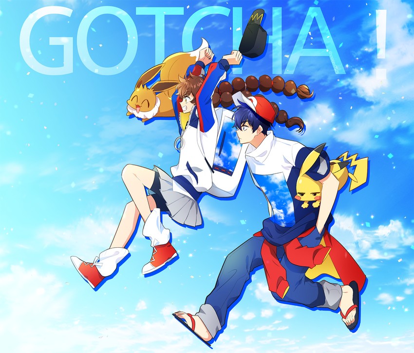pikachu, eevee, gotcha! girl, and gotcha! boy (pokemon and 1 more) drawn by gaedo