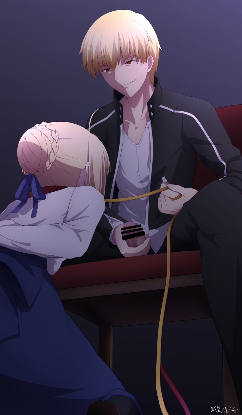 artoria pendragon, saber, and gilgamesh (fate and 1 more) drawn by pikoguramyu
