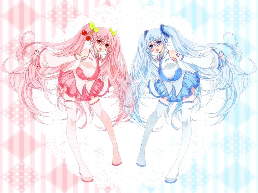 hatsune miku, yuki miku, and sakura miku (vocaloid) drawn by kobayatsu_otogi