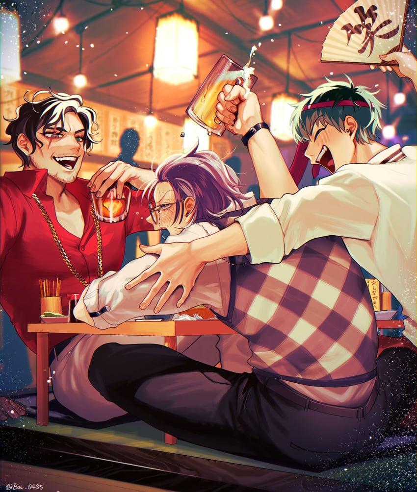 nurude sasara, amayado rei, and tsutsujimori rosho (hypnosis mic) drawn by baru_(bar_0405)