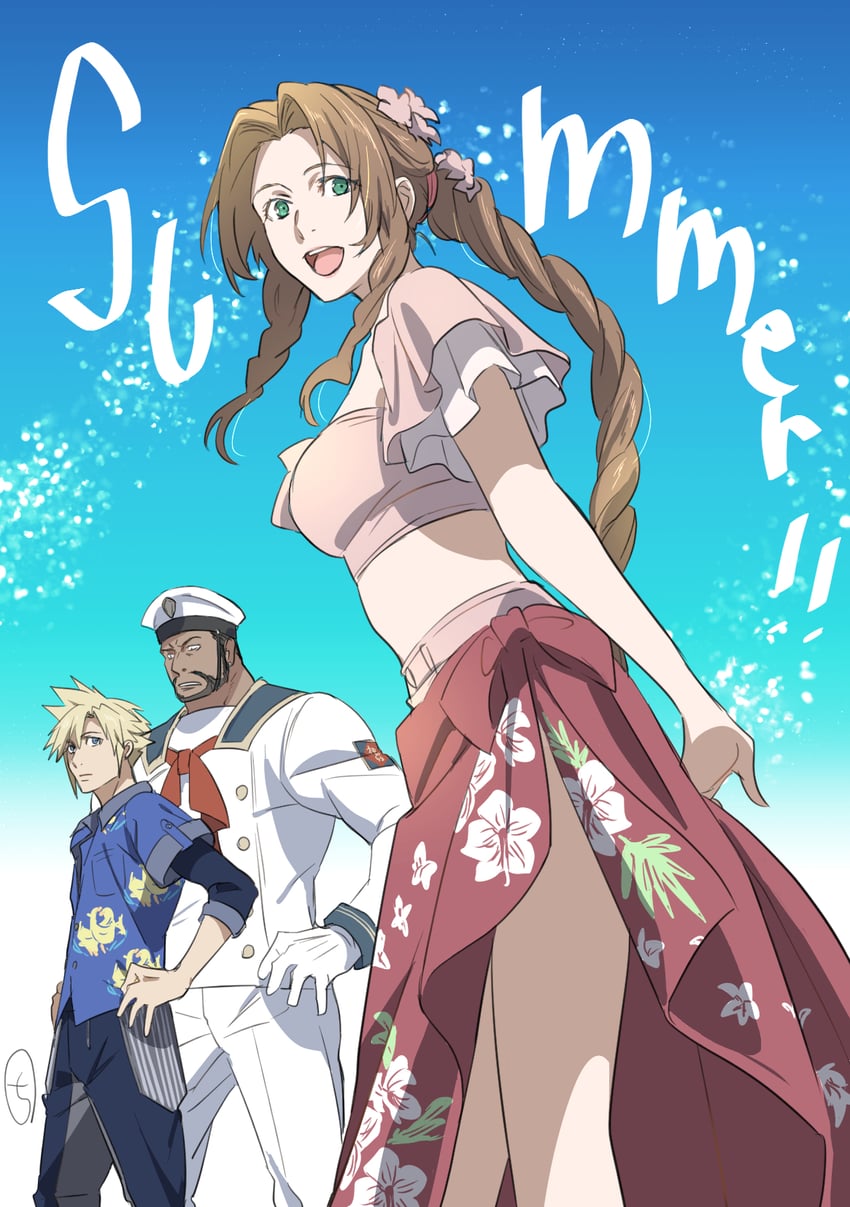 cloud strife, aerith gainsborough, and barret wallace (final fantasy and 3 more) drawn by kobayashi_chizuru