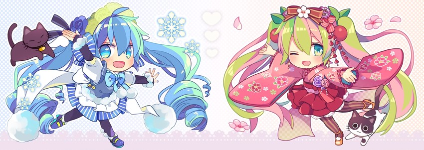 hatsune miku, yuki miku, and sakura miku (vocaloid) drawn by akiyoshi_(tama-pete) and yoshiki