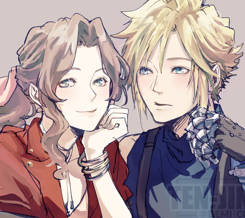 cloud strife and aerith gainsborough (final fantasy and 2 more) drawn by demi_co