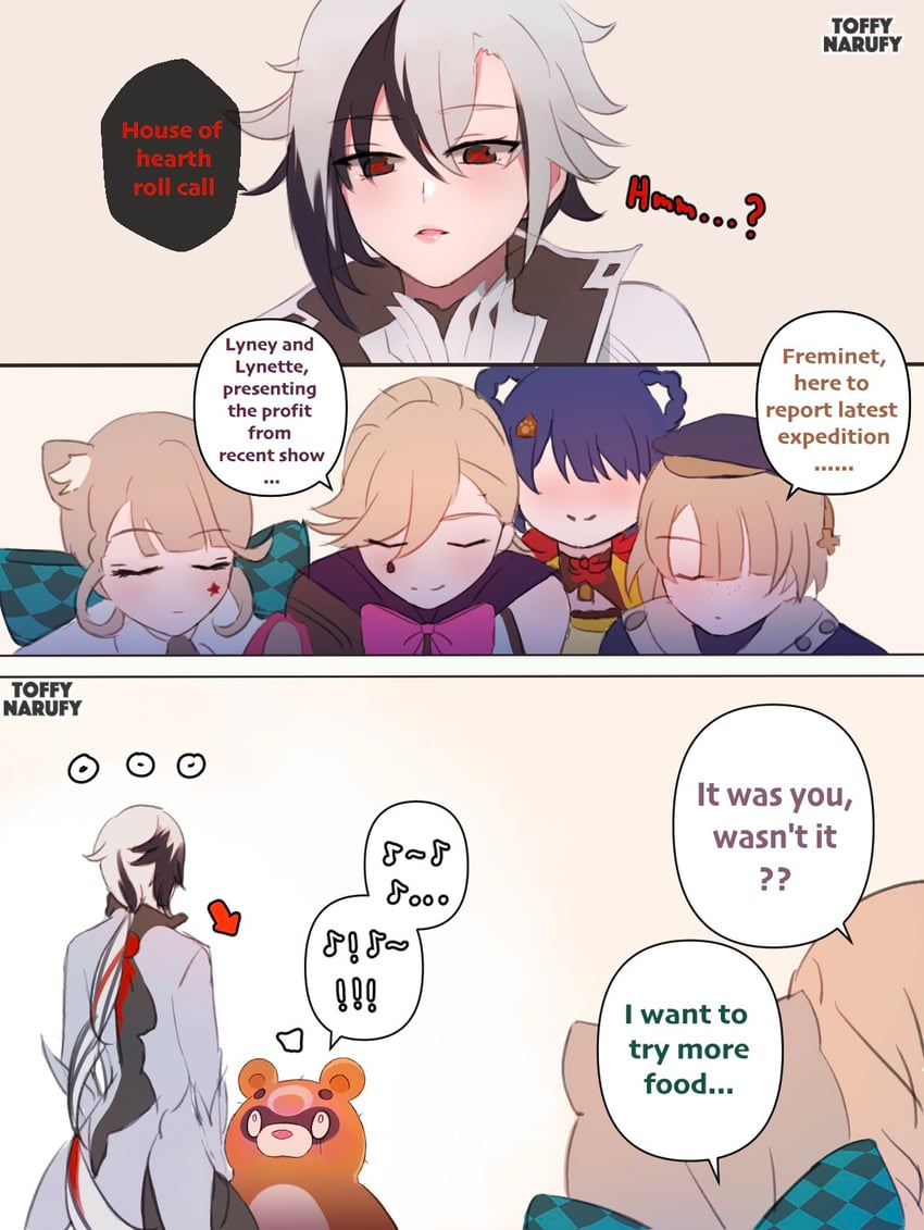 arlecchino, lynette, lyney, xiangling, guoba, and 1 more (genshin impact) drawn by toffy_narufy