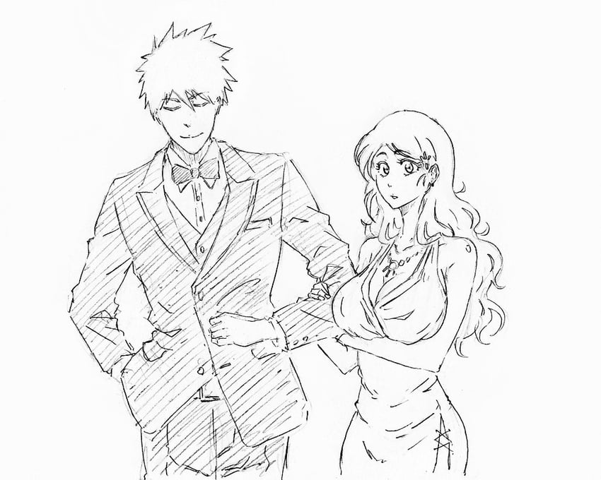 inoue orihime and kurosaki ichigo (bleach and 1 more) drawn by rakusakugk