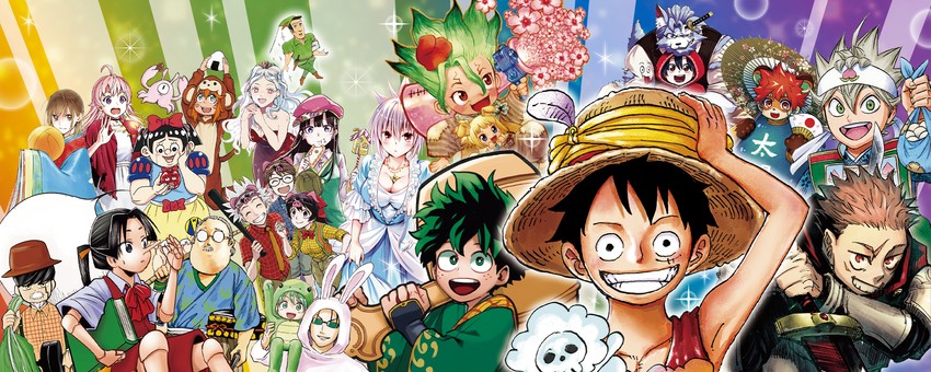 monkey d. luffy, midoriya izuku, itadori yuuji, little red riding hood, houjou tokiyuki, and 26 more (one piece and 29 more) drawn by akutami_gege, horikoshi_kouhei, oda_eiichirou, and tabata_yuuki