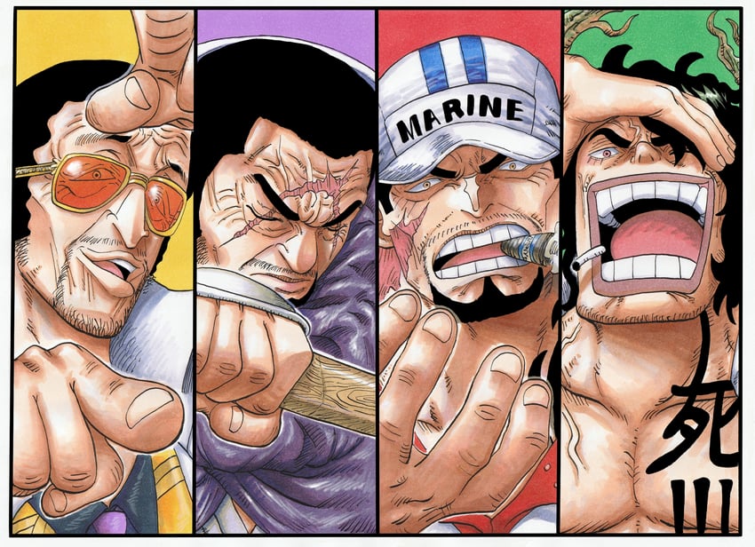 kizaru, sakazuki, fujitora, and ryokugyu (one piece) drawn by riku_(rikuw223xx)