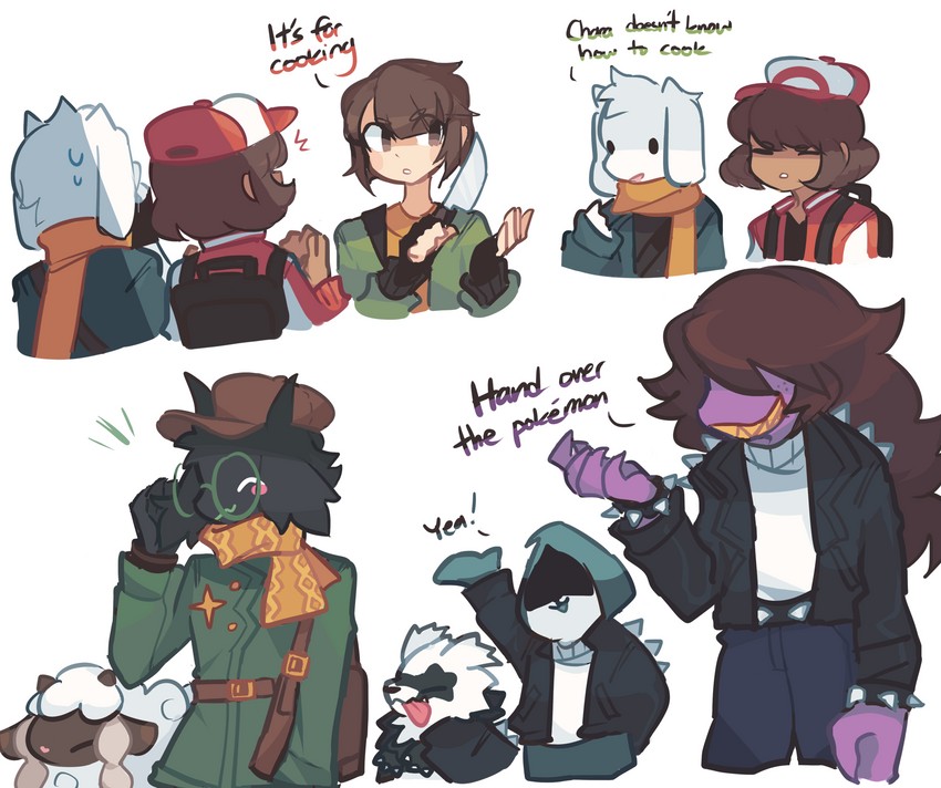 frisk, chara, wooloo, susie, asriel dreemurr, and 3 more (pokemon and 2 more) drawn by charamells