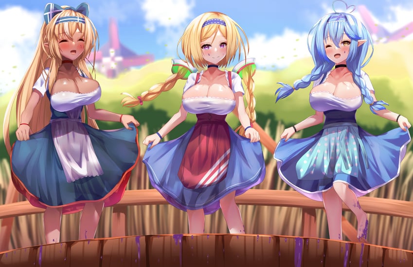 yukihana lamy, shiranui flare, and aki rosenthal (hololive) drawn by tonokawa