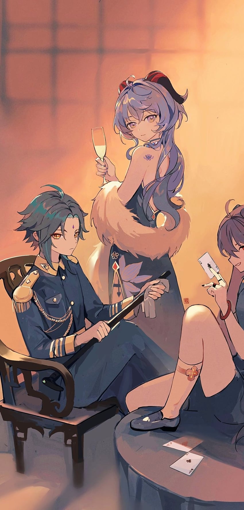 ganyu, hu tao, and xiao (genshin impact) drawn by huashengmi