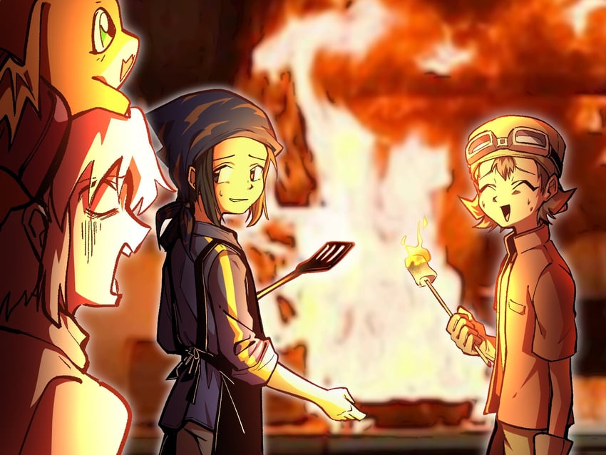patamon, kanbara takuya, minamoto kouji, and kimura kouichi (digimon and 1 more) drawn by oh_sorry_01