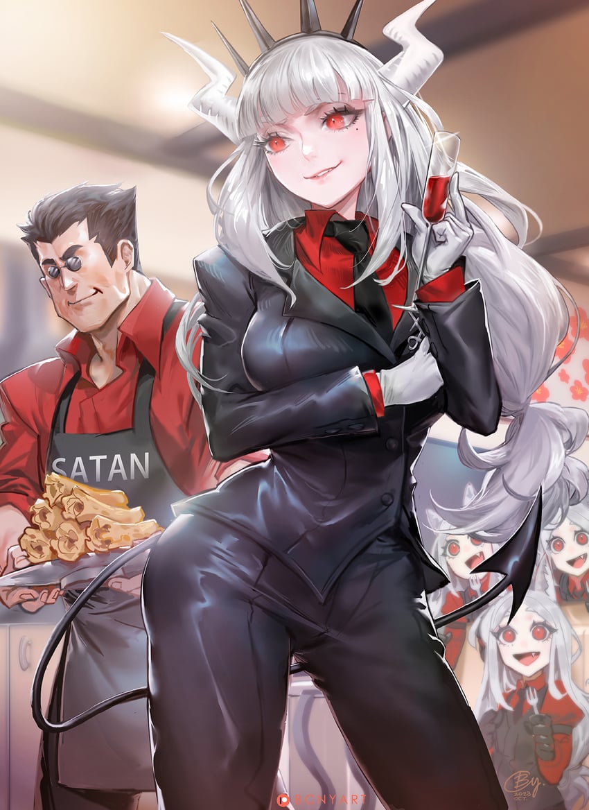 lucifer, helltaker, and cerberus (helltaker) drawn by b.c.n.y.