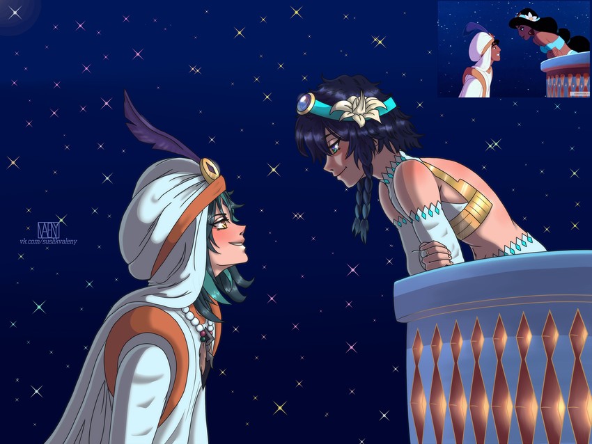 venti, xiao, jasmine, and aladdin (genshin impact and 1 more) drawn by suslikvaleny