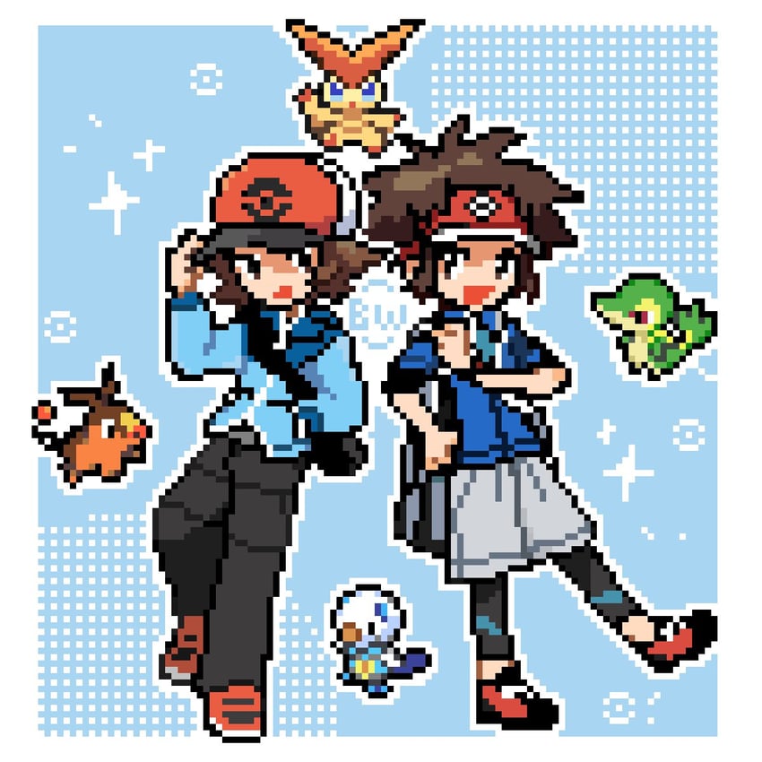 hilbert, oshawott, snivy, tepig, and nate (pokemon and 2 more) drawn by kyuu999_bot