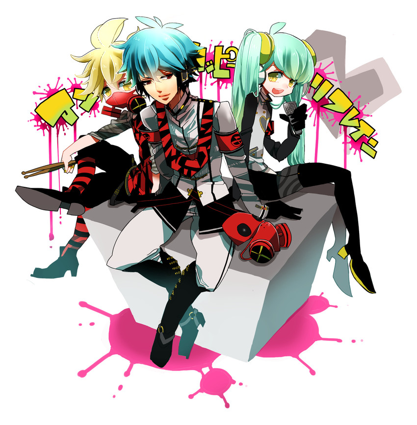 hatsune miku, kagamine len, and kaito (vocaloid and 3 more) drawn by kore_hitotsubu