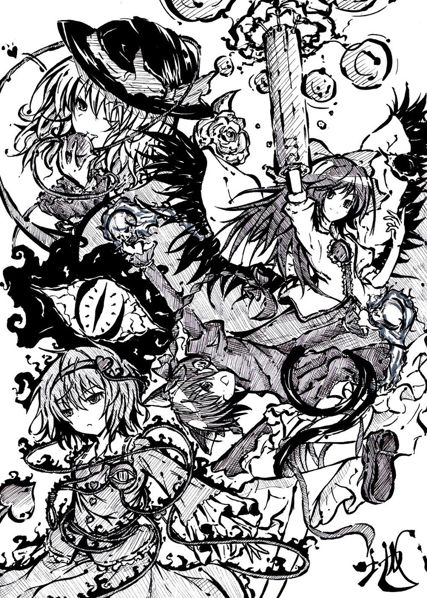 komeiji koishi, komeiji satori, kaenbyou rin, and reiuji utsuho (touhou) drawn by reishiki