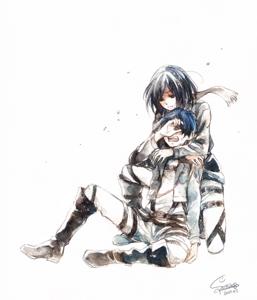mikasa ackerman and eren yeager (shingeki no kyojin) drawn by kuwahara_souta
